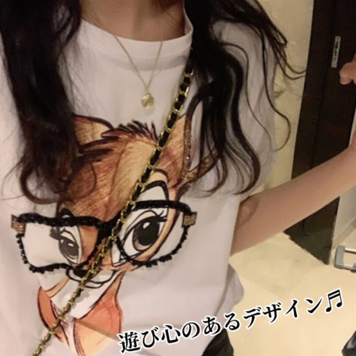 Tシャツ 半袖 白 ホワイト メガネバンビ 遊び心 オシャレ 大人女子 韓国