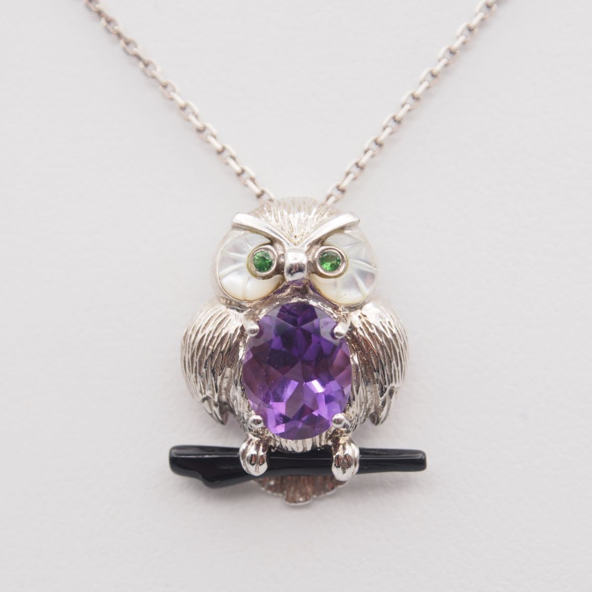 P511 amethyst 1.40ct emerald 0.03ct 925 stamp pendant top . owl design silver charm head 2 month birthstone 