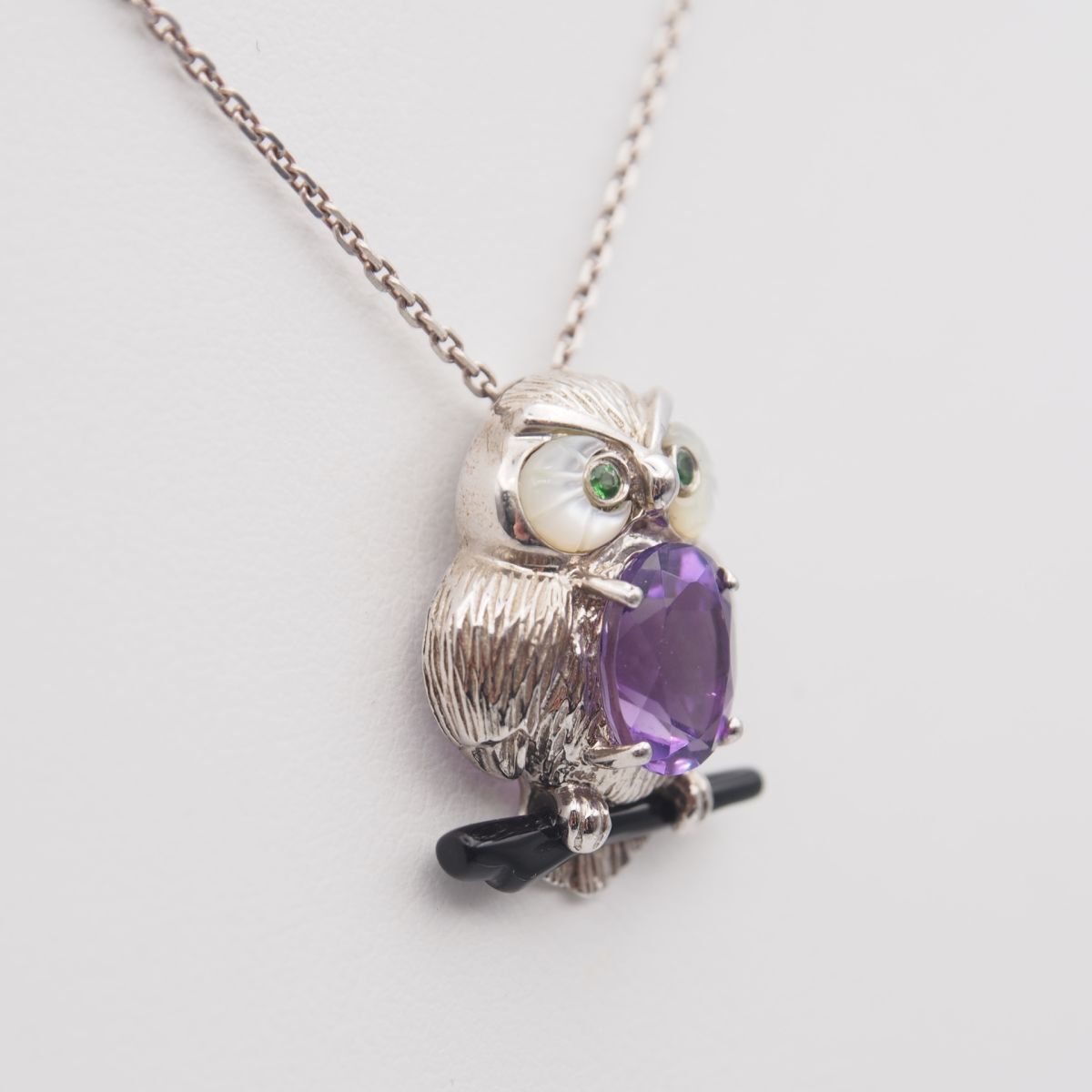 P511 amethyst 1.40ct emerald 0.03ct 925 stamp pendant top . owl design silver charm head 2 month birthstone 