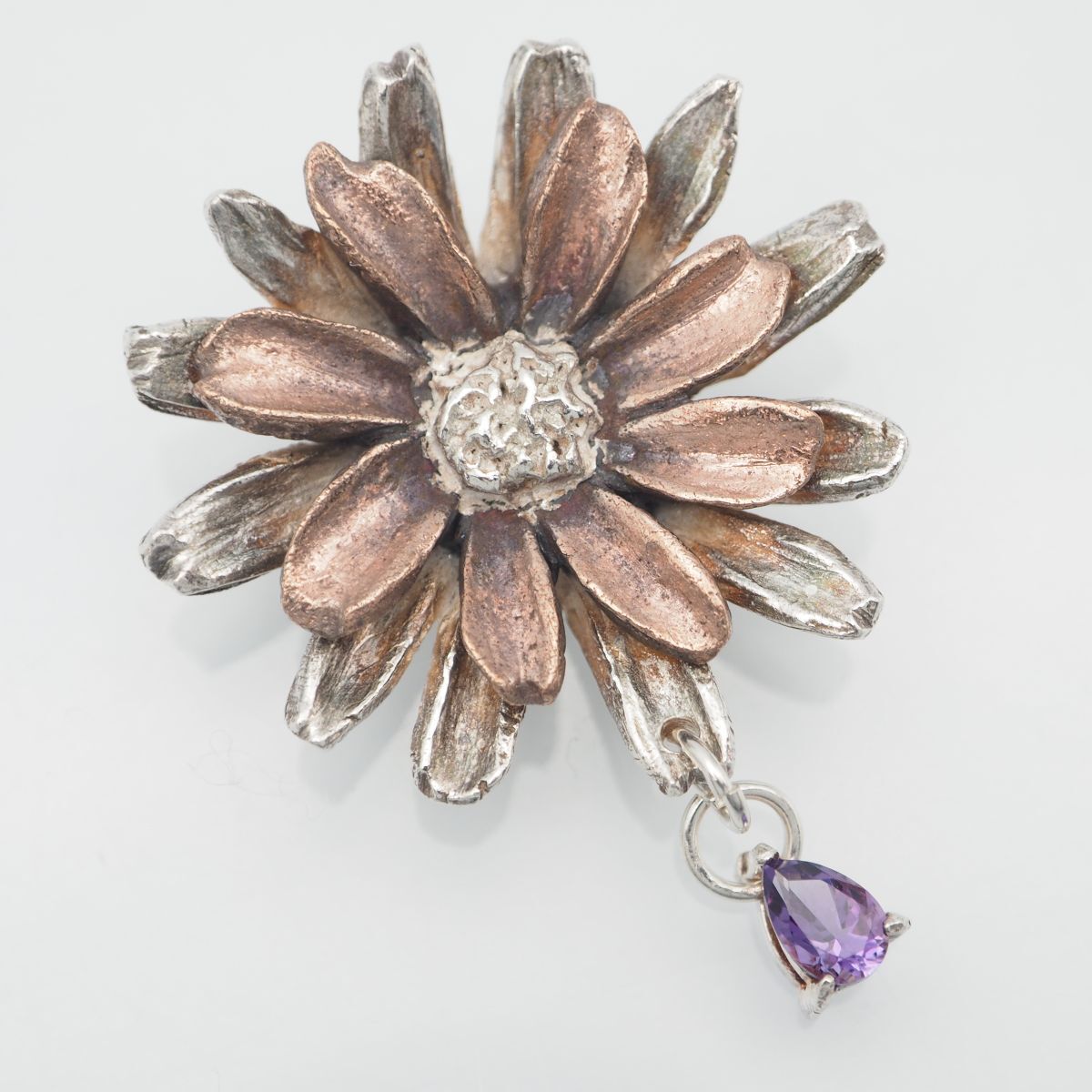 N715 amethyst pendant top flower design silver charm head Vintage 2 month birthstone 