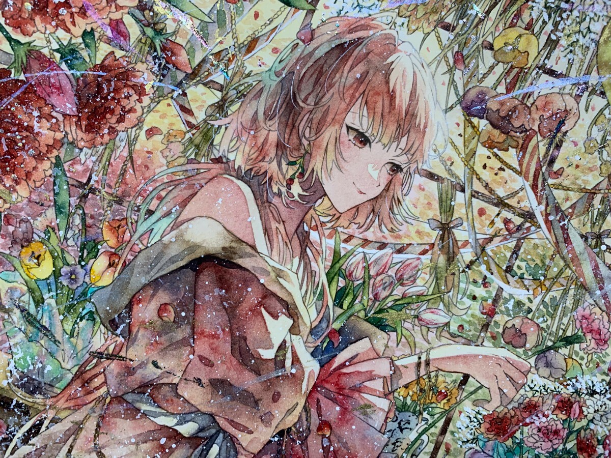  original hand-drawn illustrations girl [ flower . included ..] A4 size 