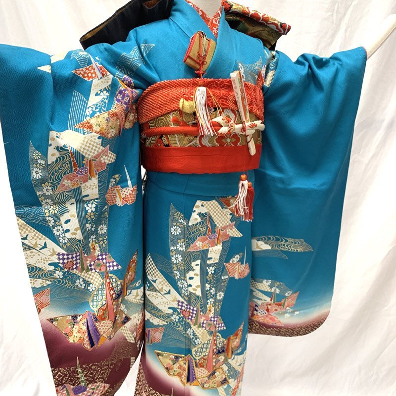 # "Семь, пять, три" 7 лет женщина . кимоно & двойной пояс obi & длинное нижнее кимоно складывать журавль # состояние хороший 404ag47