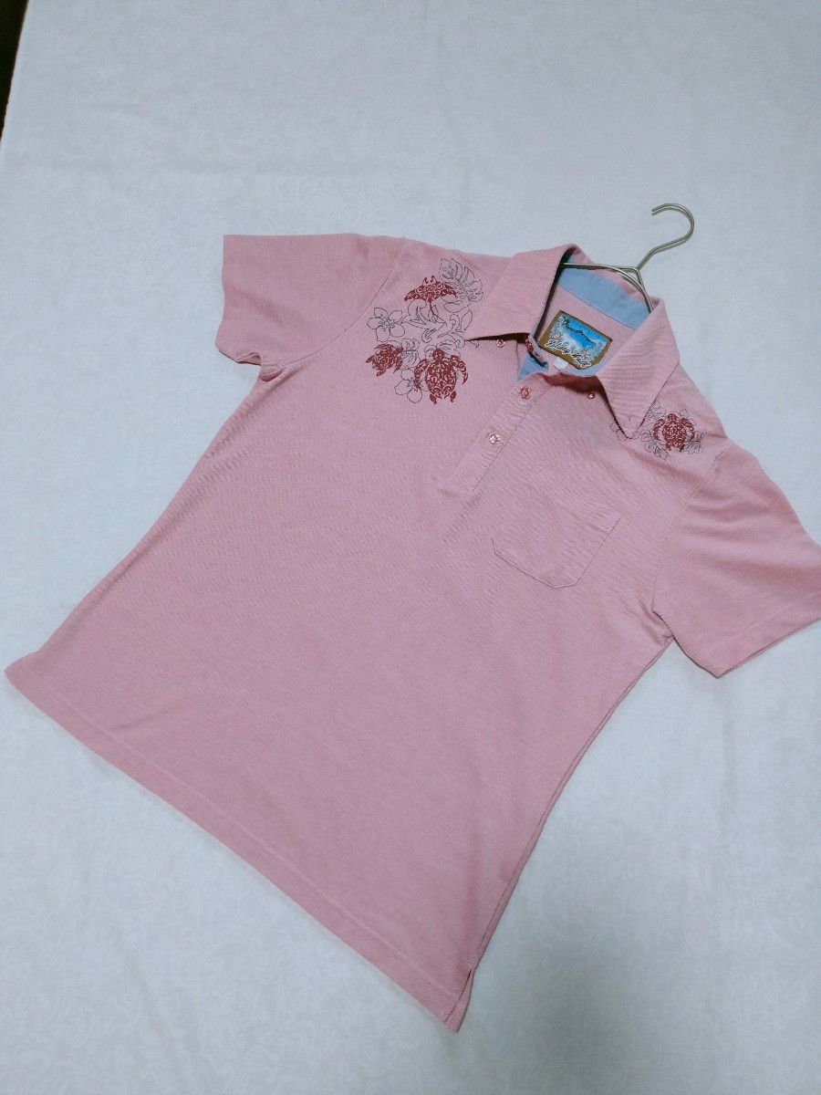 【訳あり】美品 Holiday walk アロハシャツ メンズ ポロシャツ かりゆしウェア風 ピンク系 Ｌサイズ