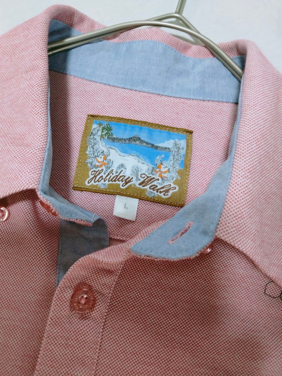 【訳あり】Holiday walk アロハシャツ メンズ 新品未使用 ポロシャツ かりゆしウェア風 ピンク系 Ｌサイズ