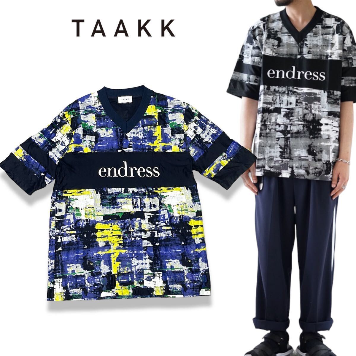 正規品 TAAKK ターク WALL PAINT TEE TA18SS-SH029 半袖コットン ウォール アート プリント Vネック Tシャツ カットソー サイズ2 ブルー系_画像1