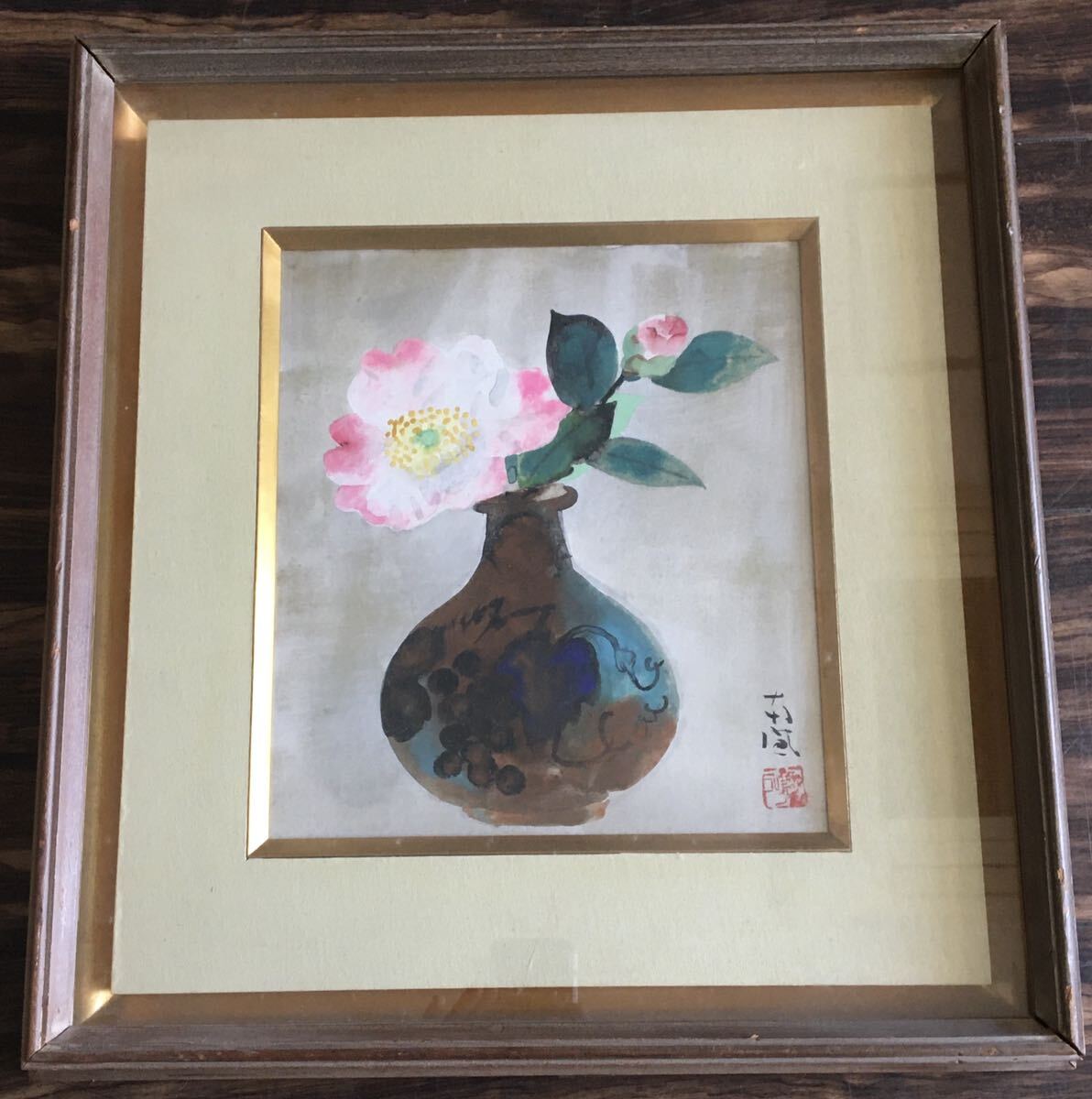  日本画 在銘 楽観 肉筆 額装 椿 絵画 M-30_画像1