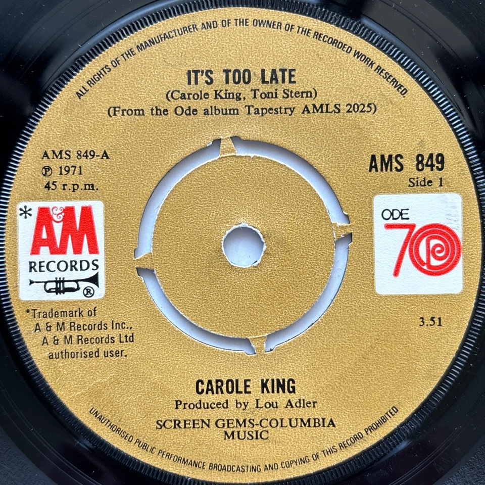 【試聴 7inch】Carole King / It's Too Late, I Feel The Earth Move 7インチ 45 muro koco シティポップ AOR フリーソウル City Pop_画像1