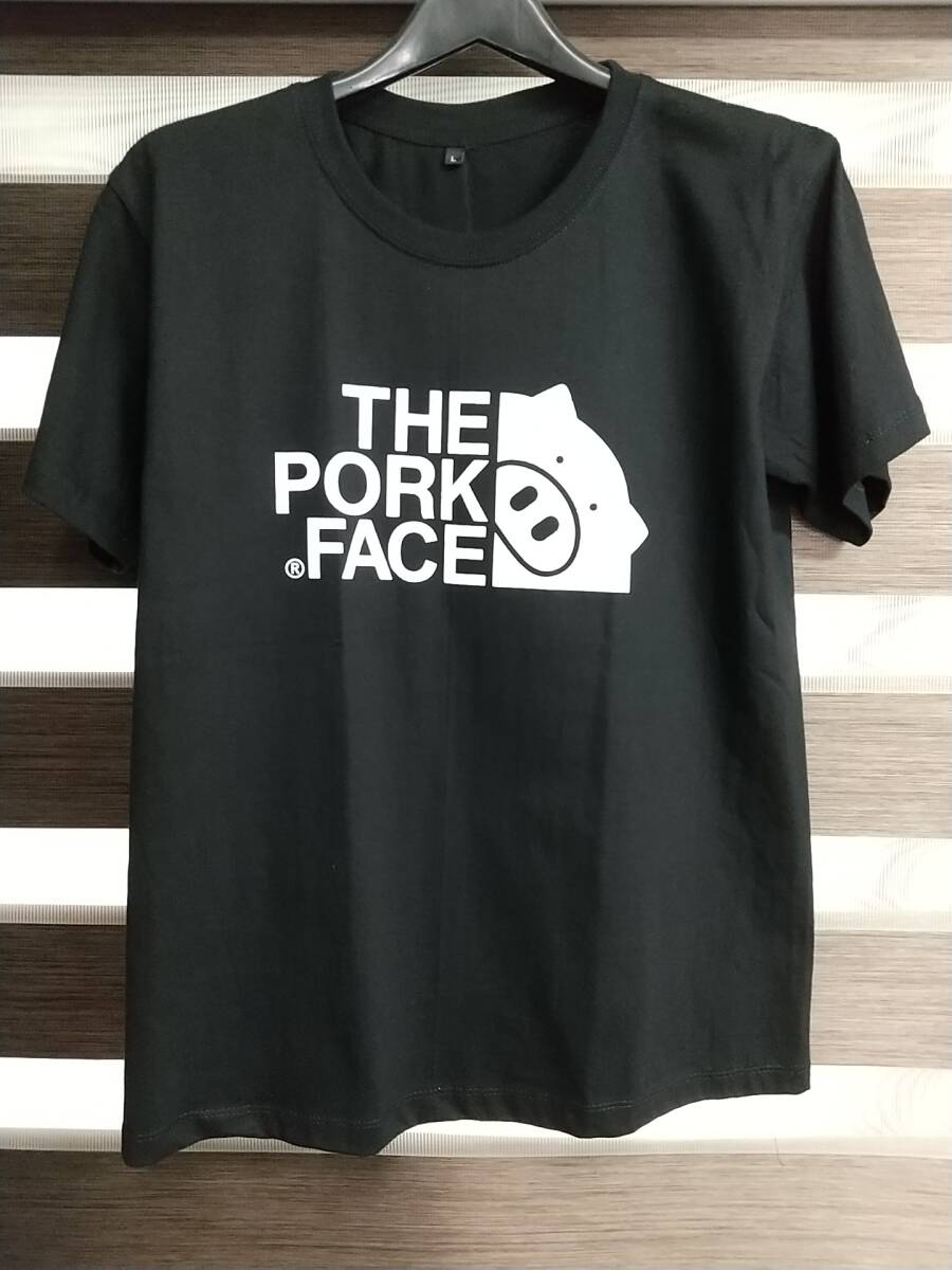 即決 新品 送料無料 ザポークフェイス THE PORK FACE 半袖Tシャツ パロディー ジョーク ネイビー L アウトドア スポーツの画像1