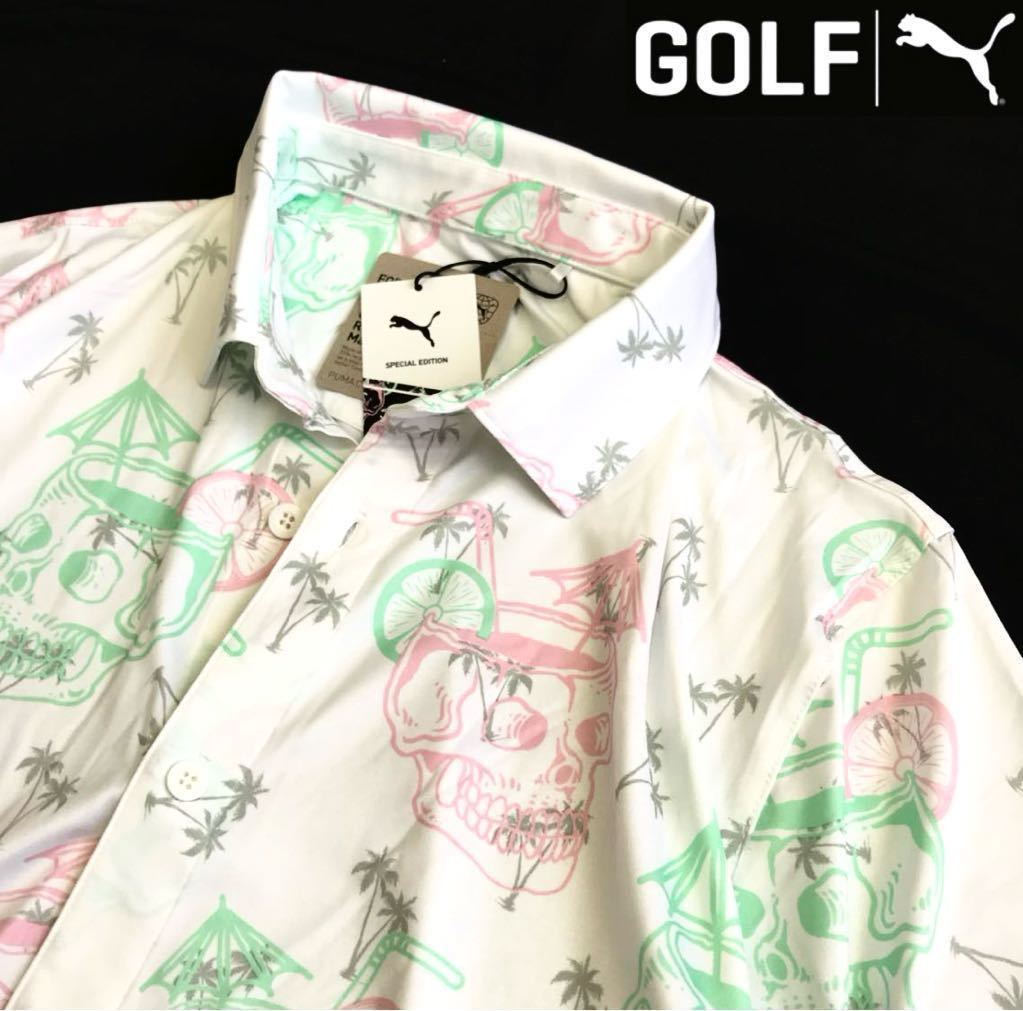 *088 новый товар [ мужской L] белый Skull общий рисунок PUMA Puma Golf обычная цена 1.2 десять тысяч EGW постоянный Fit рубашка-поло с коротким рукавом тянуть over Golf одежда 