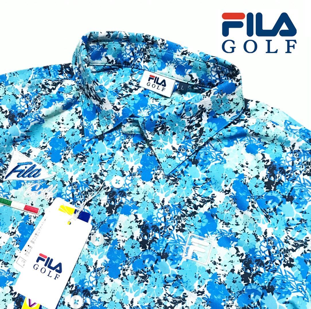 ^K087 новый товар [ мужской LL] 742609 синий FILA GOLFbotanikaru рисунок filler Golf QUICK-DRY. пот скорость . стрейч рубашка-поло 