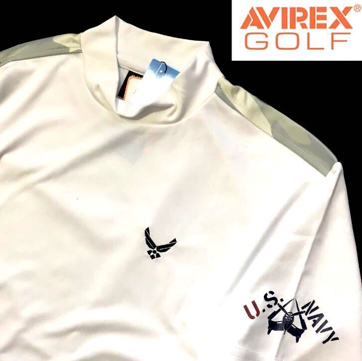 ◆H377新品 メンズLL(XL)【AVIREX GOLF】白 アヴィレックス ゴルフ 背面 迷彩ロゴ モックネック 半袖シャツ 定価9900円_画像1