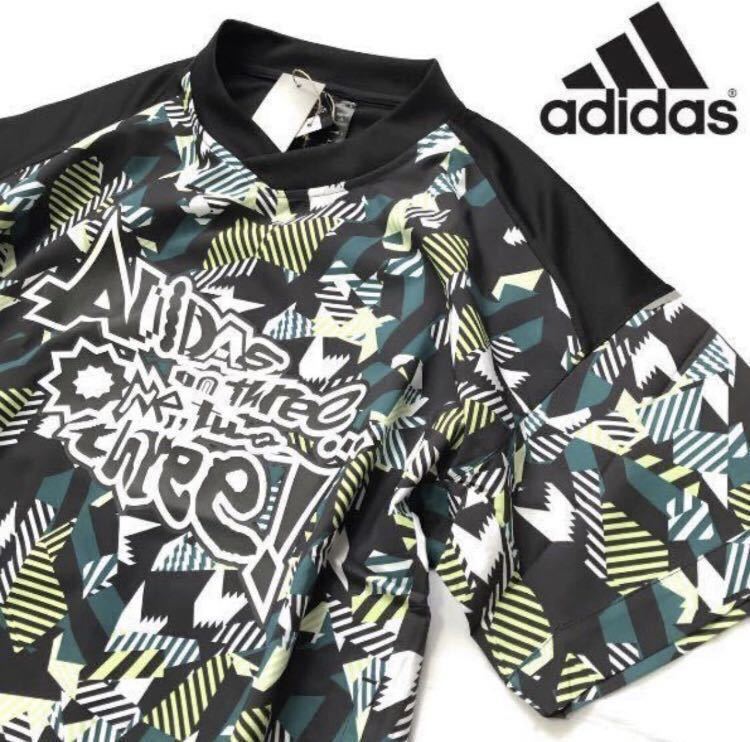 ◆H105新品【メンズL】総柄 ゴルフに最適 重ね着 アディダス (adidas) グラフィック RESPORT SS TOPS 半袖機能Tシャツ V首 モックネック_画像1