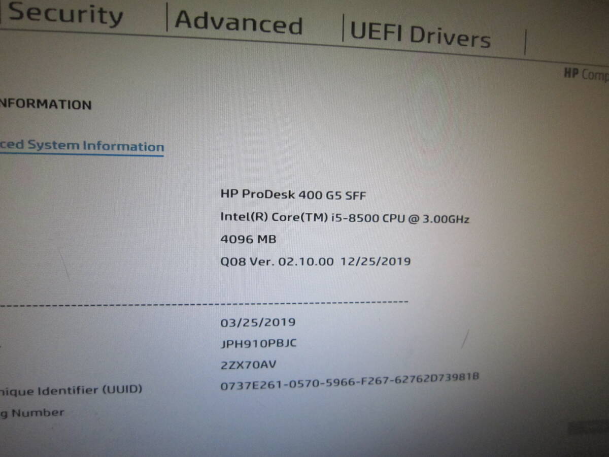 1031★HP ProDesk 400 G5 SFF Core i5 8500 HDD/無 メモリ/4GB BIOS確認の画像2