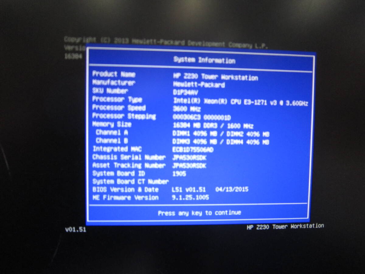 1106★HP Z230 Tower Workstation Xeon E3-1271 v3 HDD/無 メモリ/16GB グラボ搭載 BIOS確認の画像2