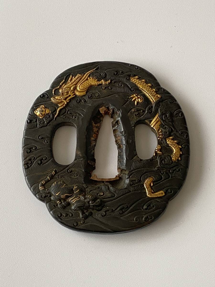 幕末期　赤銅鍔　迫力　波に龍虎　名品　金工師　刀装具_画像9