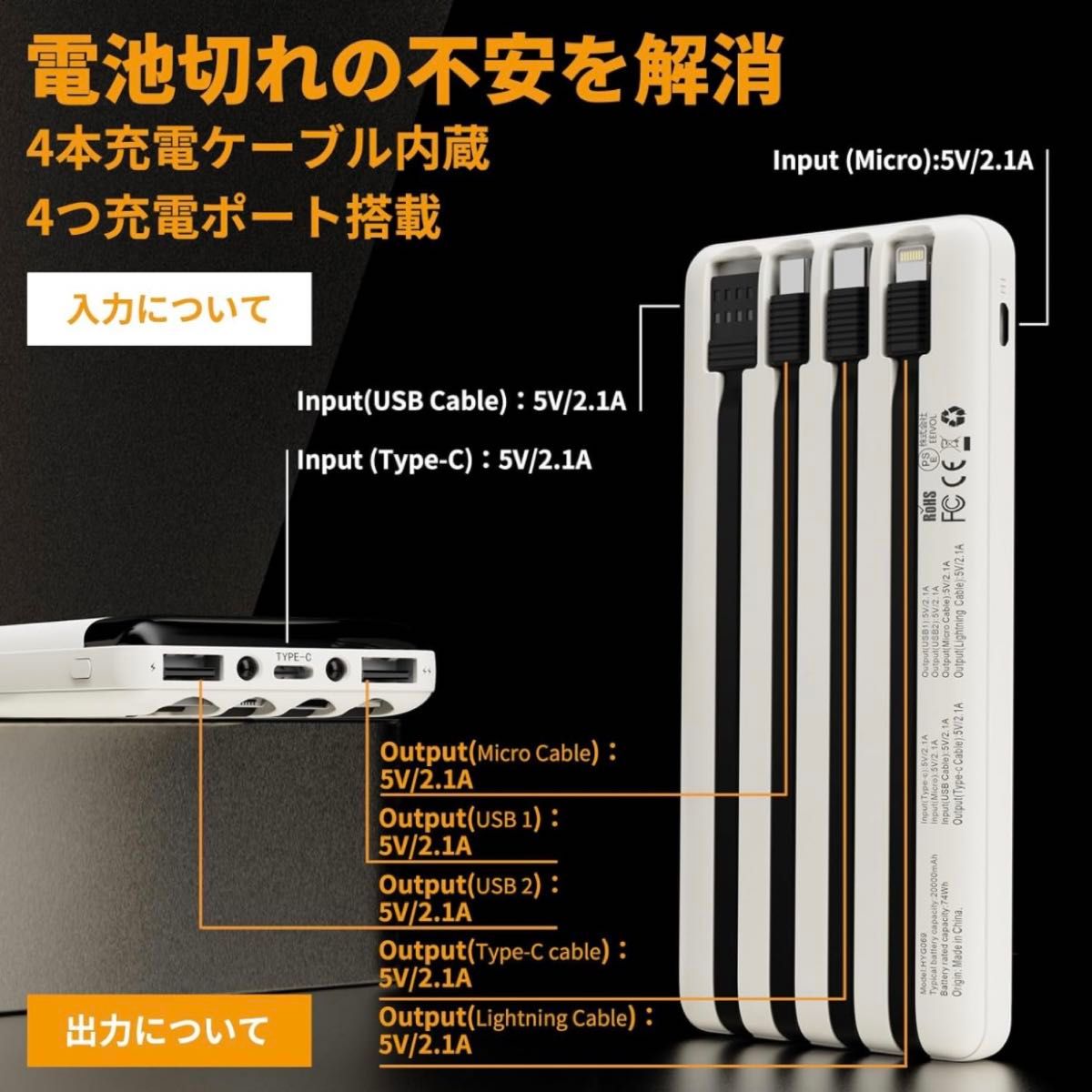 【モバイルバッテリー】20000mAh 充電器 5台同時充電 大容量 軽量 小型 防災用品 アウトドア 急速充電 LEDライト搭載