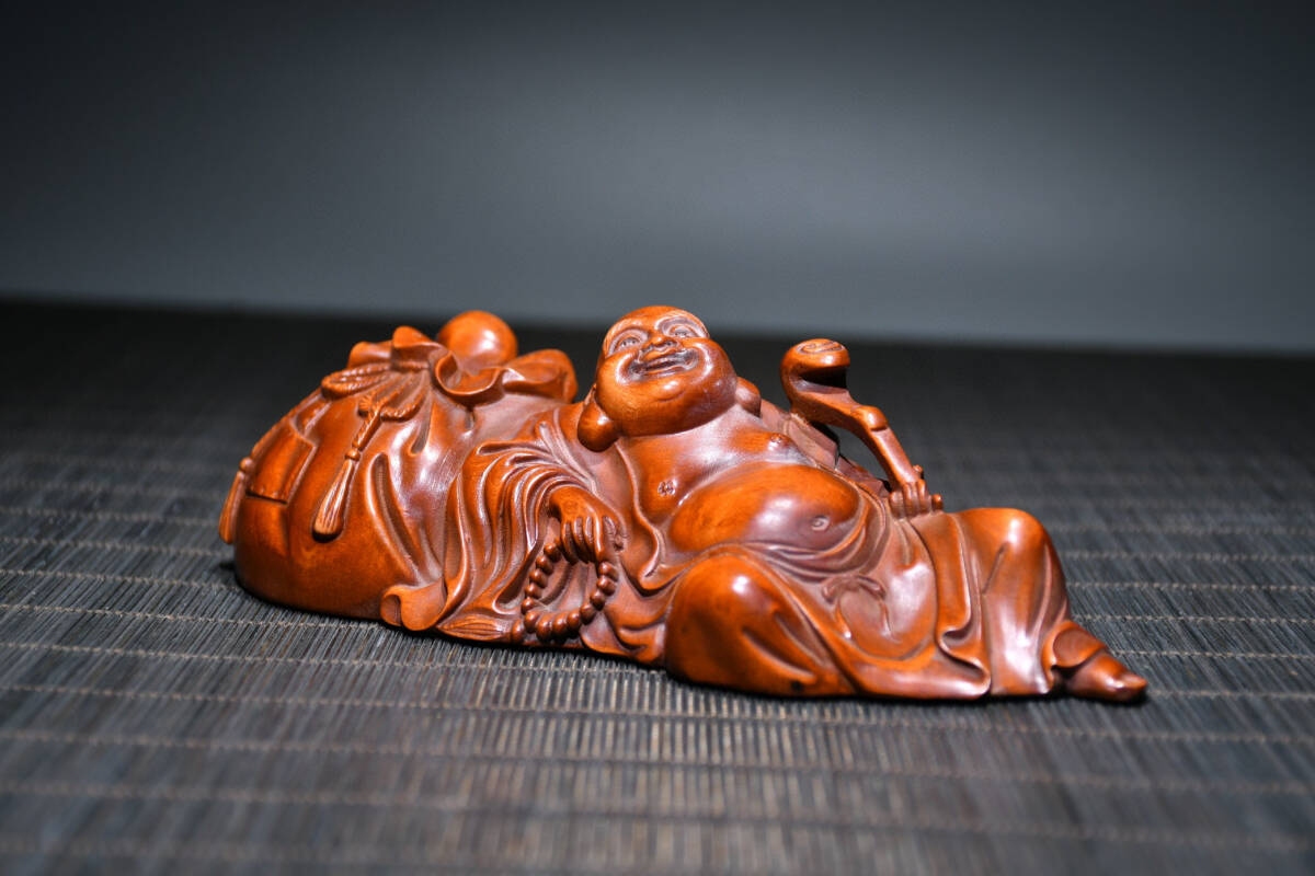 ▽鴻▽ 黄楊木製 細密彫 如意仏 置物 古賞物 中国古玩 中国古美術