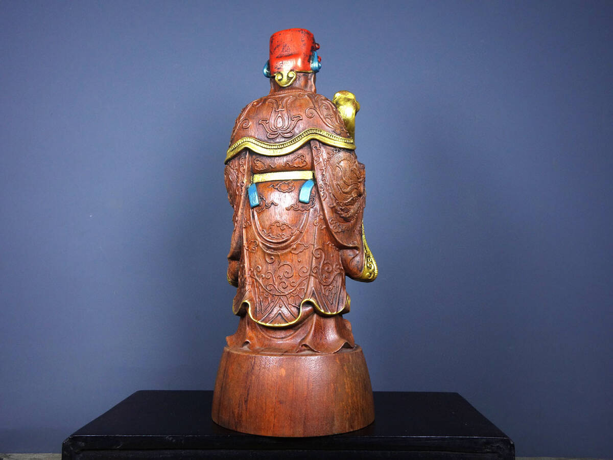 ▽鴻▽ 花梨木製 細密彫 彩繪 財神像 置物 古賞物 中国古玩 中国古美術