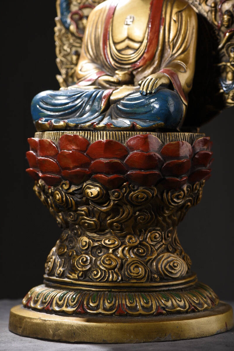 ▽鴻▽ 銅製 彩繪 金鍍 釋迦牟尼像 置物 古賞物 中国古玩 中国古美術_画像5