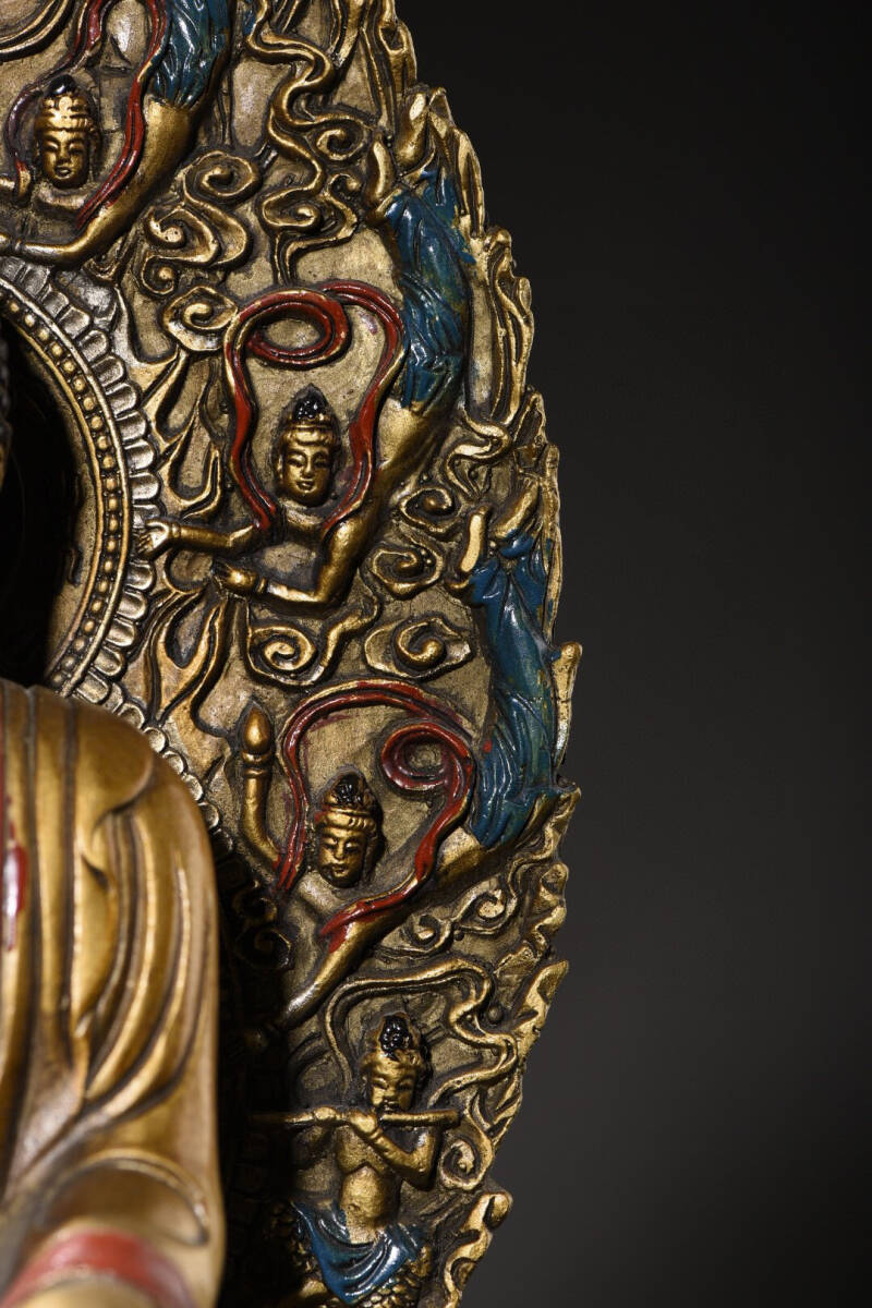 ▽鴻▽ 銅製 彩繪 金鍍 釋迦牟尼像 置物 古賞物 中国古玩 中国古美術_画像3