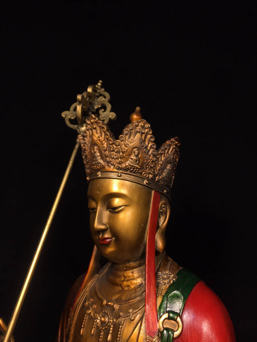 ▽鴻▽ 銅製 金鍍 彩繪 地藏王菩薩像 置物 古賞物 中国古玩 中国古美術_画像5