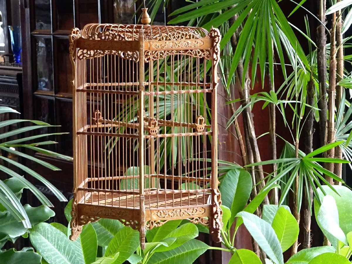 【開】時代 竹製唐草彫刻六角形鳥籠 鳥篭 鳥かご バードケージ♯16の画像2