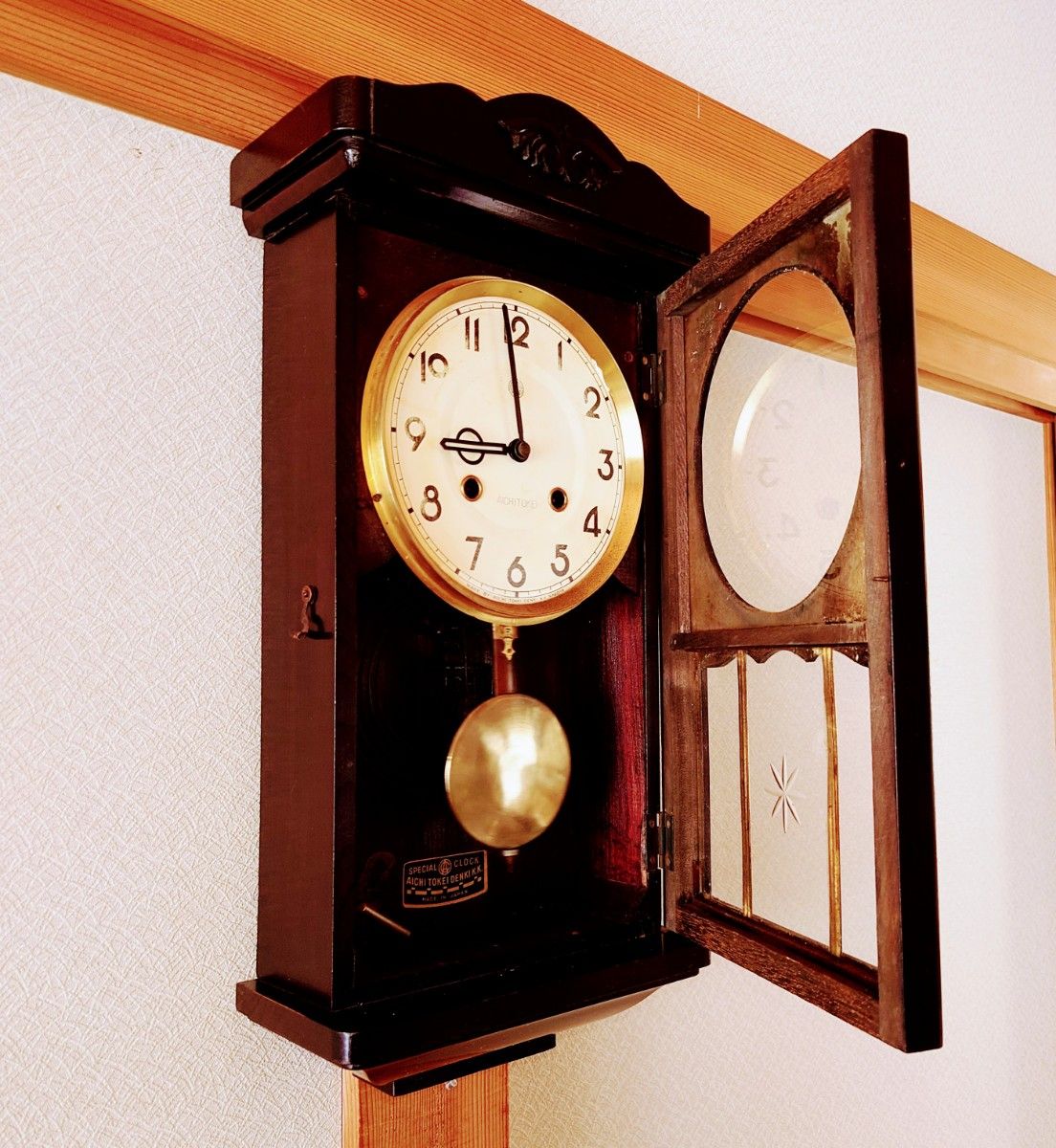 〈完動・美品〉愛知時計電機　昭和初期製宮型ゼンマイ振り子時計　ボンボン時計古時計