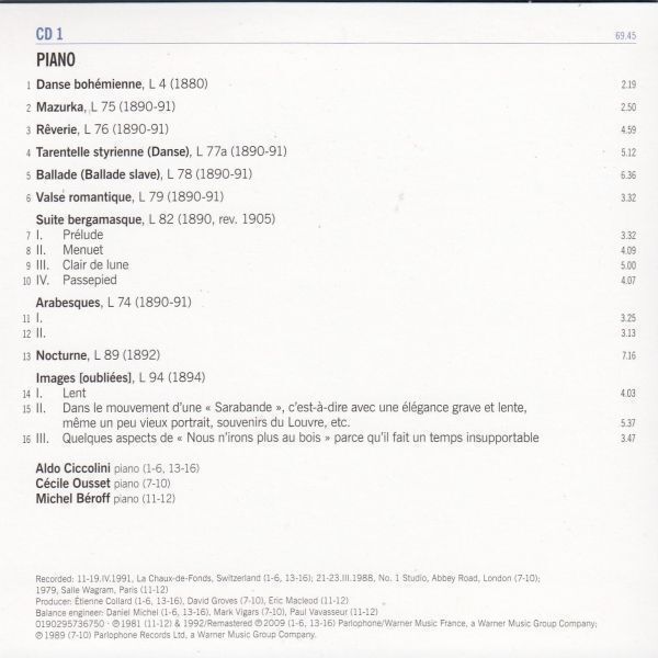 [CD/Warner]ドビュッシー:ボヘミア風舞曲 L.4&マズルカ L.75&夢想 L.76他/A.チッコリーニ(p)他_画像2