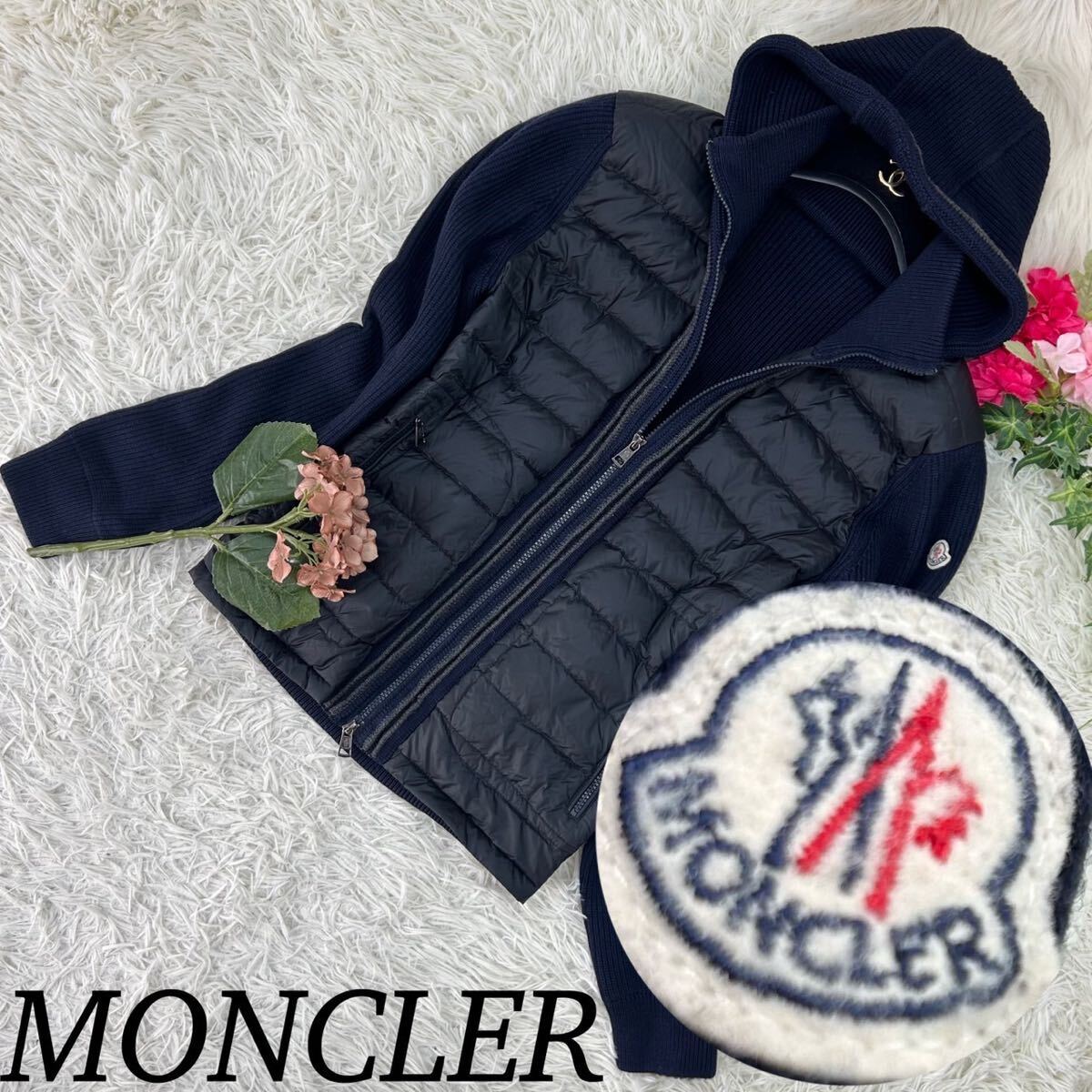 MONCLER モンクレール メンズ Mサイズ ダウンジャケット ニット ロゴ ワッペン フード ジップアップ マグリア フルジップ 送料無料 人気_画像1