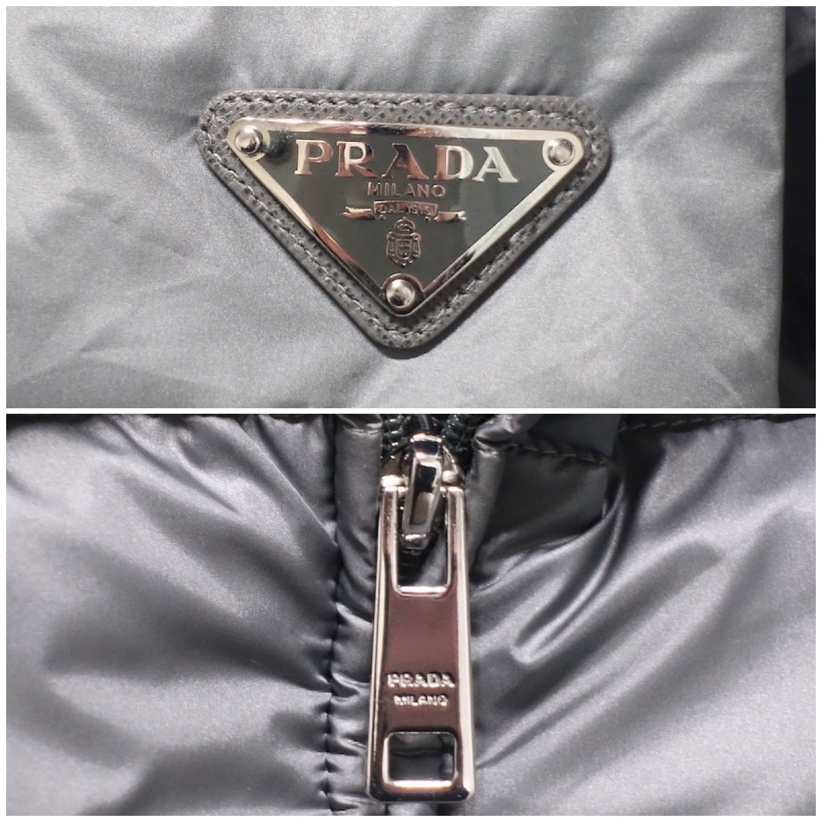 13AW 良品 PRADA プラダ 三角ロゴ トライアングルロゴ ダウンジャケット SGA462 ナイロン グレー系 メンズ 46 グースダウン ブルゾンの画像2