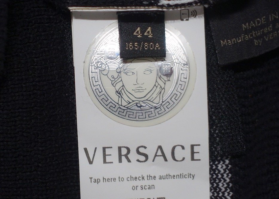 2019年製 美品 VERSACE ヴェルサーチ ロゴ クルーネック ボーダー ニット セーター A81366 コットン ナイロン マルチカラー メンズ 44