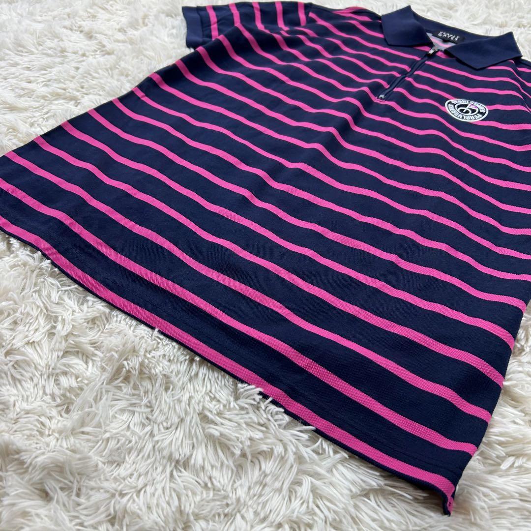パーリーゲイツ PEARLY GATES ゴルフウェア 半袖 ８９ 鹿の子 ボーダー ファスナー ワッペン 刺繍 ポロシャツ サイズ6 (2XL)ネイビ ピンク_画像3