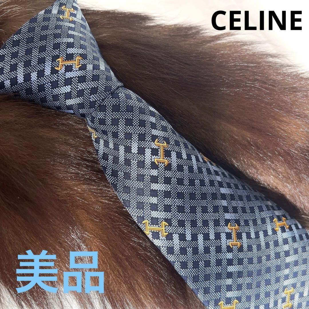 【美品】CELINE スペイン製 シルク ネクタイ ブルー_画像1