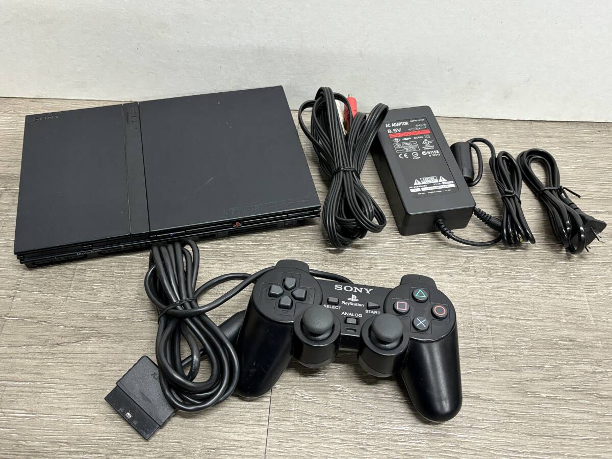 ☆ PS2 ☆ プレイステーション2 SCPH-75000 チャコールブラック 動作品 本体 コントローラー 互換アダプター 付属 Playstation2 薄型 6189