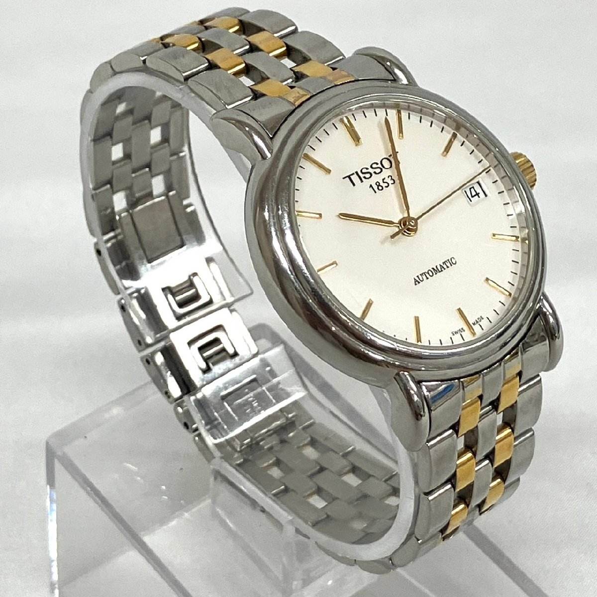 ※※稼動品 TISSOT ティソ C363/463 メンズ腕時計 ステンレス ゴールドメッキ SS×GP 自動巻 裏スケルトン デイト 白文字盤 オートマチックの画像3