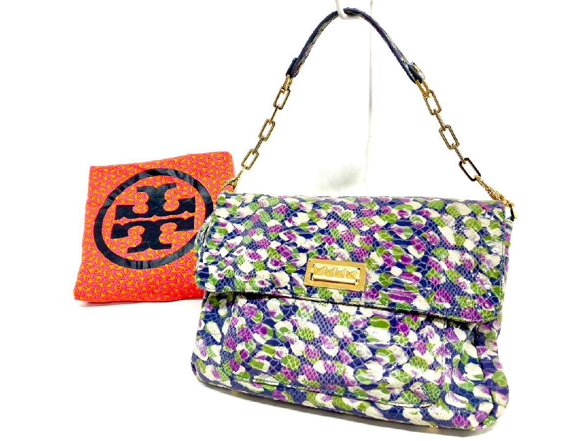 ※※【美品】TORY BURCH トリーバーチ チェーンショルダー ハンドバッグ ミラー付き PVC・スエード調加工 グリーンパープル スタッズ ※※_画像1