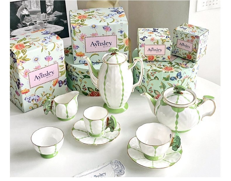 Aynsley エインズレイ イギリス 洋食器 茶器 蝴蝶柄 蝶々 ミルクポット＆ミルクポット 2点セット お祝い プレゼント グリーンの画像1