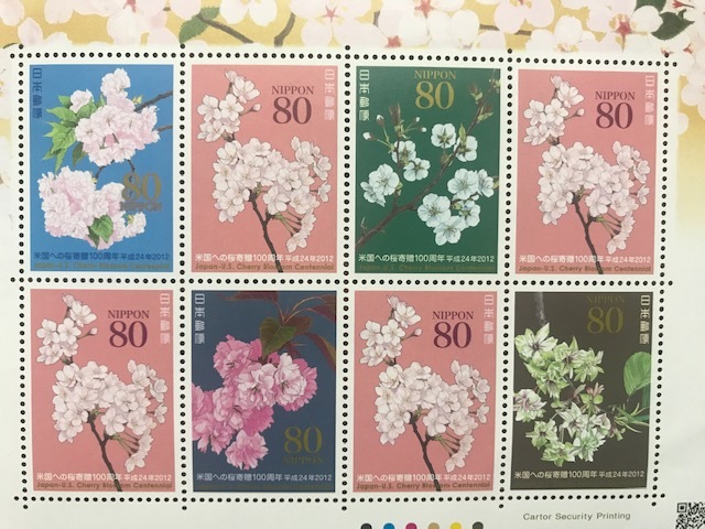 米国への桜寄贈100周年記念切手シート 平成24年発行・80円ｘ10枚 額面800円 額面割れスタートの画像3