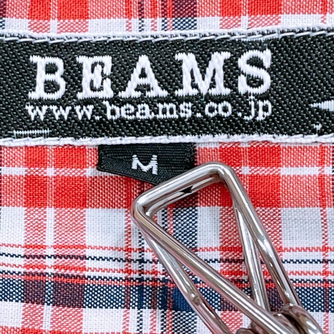 【09451】 BEAMS ビームス Yシャツ 半袖 チェック レッド M 襟付き ボタン おしゃれ オーバーサイズ ブランド シンプル_画像3