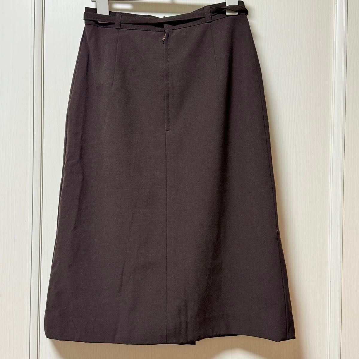 こげ茶色 ブラウン 台形スカート 膝丈スカート スカート リボン リボンベルト 日本製 毛100%