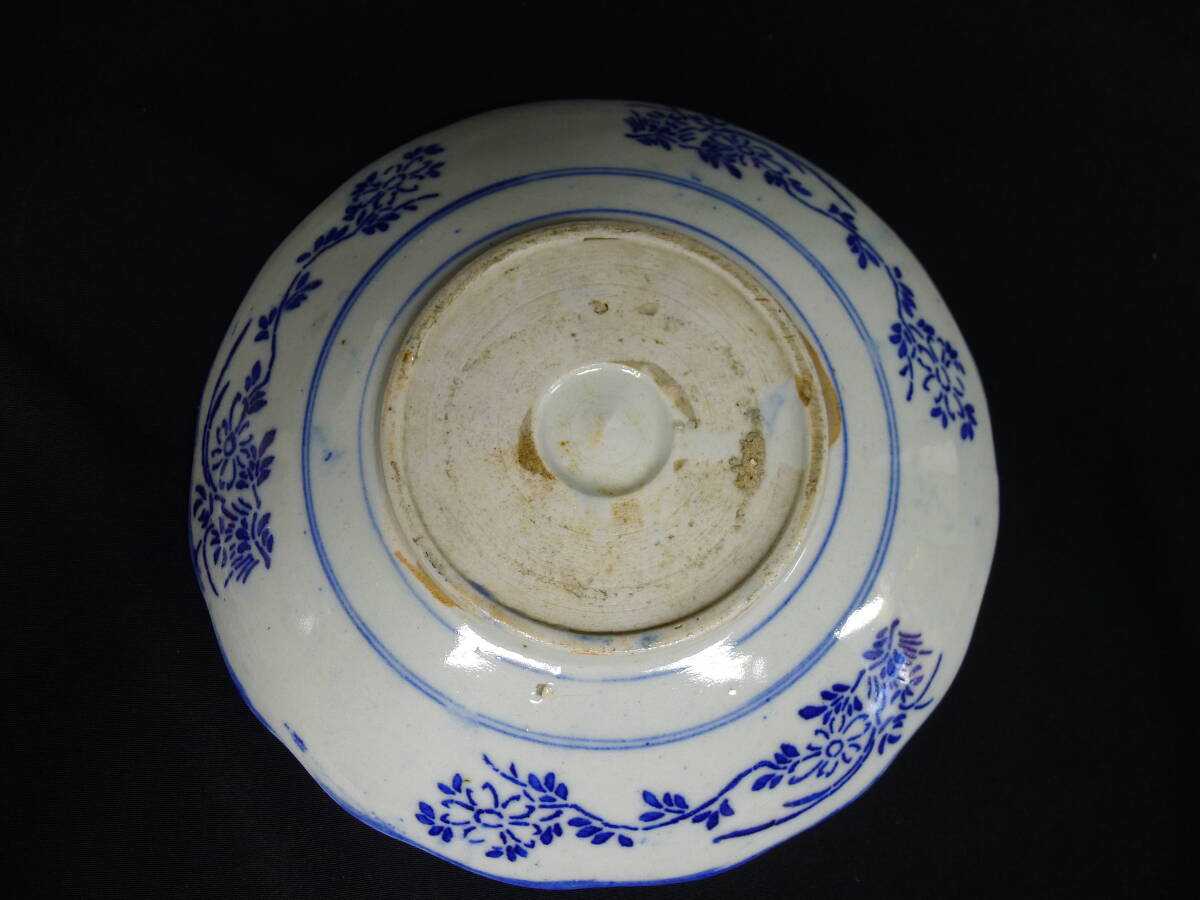 dd008* old Imari blue and white ceramics seal hand Velo Indigo / pine bamboo plum writing medium-sized dish 5 customer ./ antique / antique /60