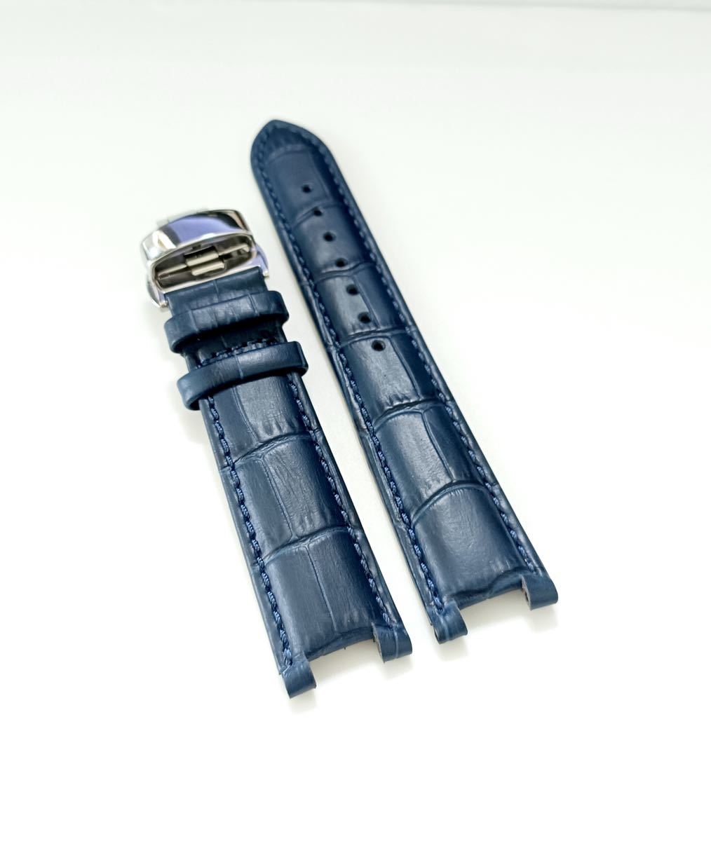 20mm 腕時計 凹型 革 レザーベルト ネイビーブルー 紺 Dバックル 防水【対応】カルティエ パシャ 38 Cartier