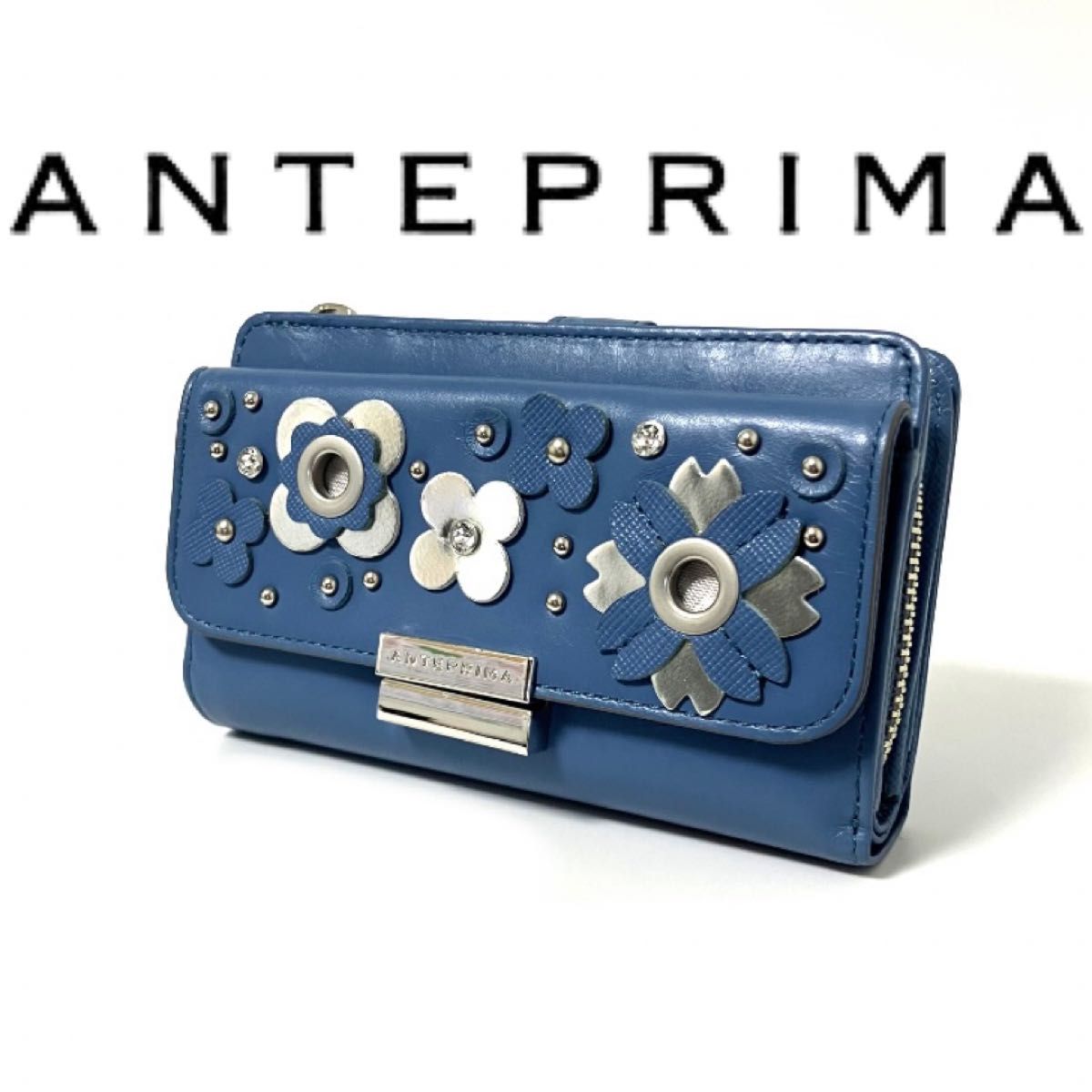 アンテプリマ ANTEPRIMA 花柄 ブルー 二つ折財布 L字小銭入れ 未使用 レザー　２つ折り財布