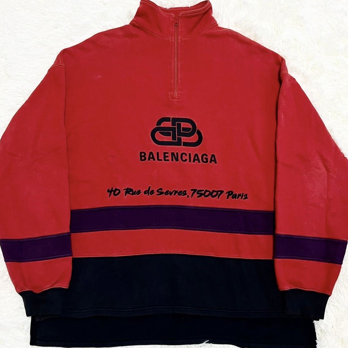 極美品 バレンシアガ 【希少デザイン】 BALENCIAGA スウェット トレーナー トップス ビックロゴ ハーフジップ メンズ バイカラー サイズL位_画像1