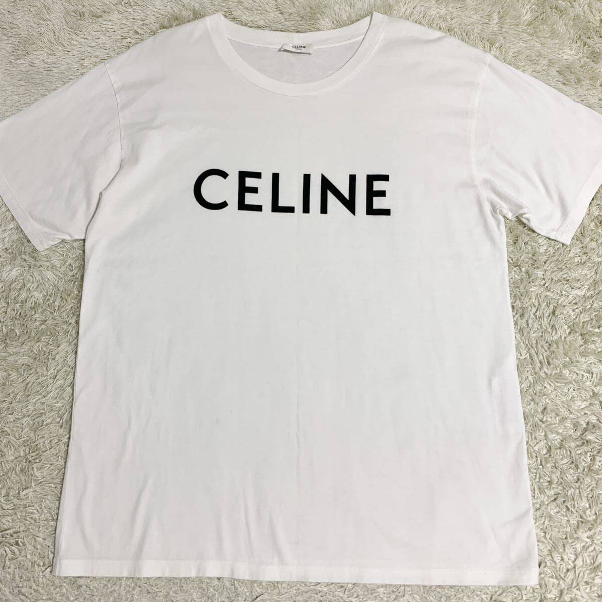 極美品 セリーヌ 【現行モデル】 CELINE Tシャツ 半袖 カットソー トップス エディ期 ビックロゴ メンズ ホワイト サイズLの画像1