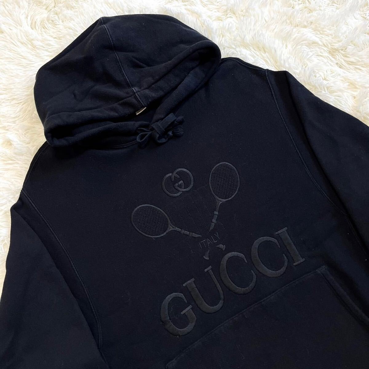 美品 グッチ【現行モデル】 GUCCI パーカー スウェット トップス ビックロゴ テニス 刺繍 ブラック メンズ サイズLの画像2