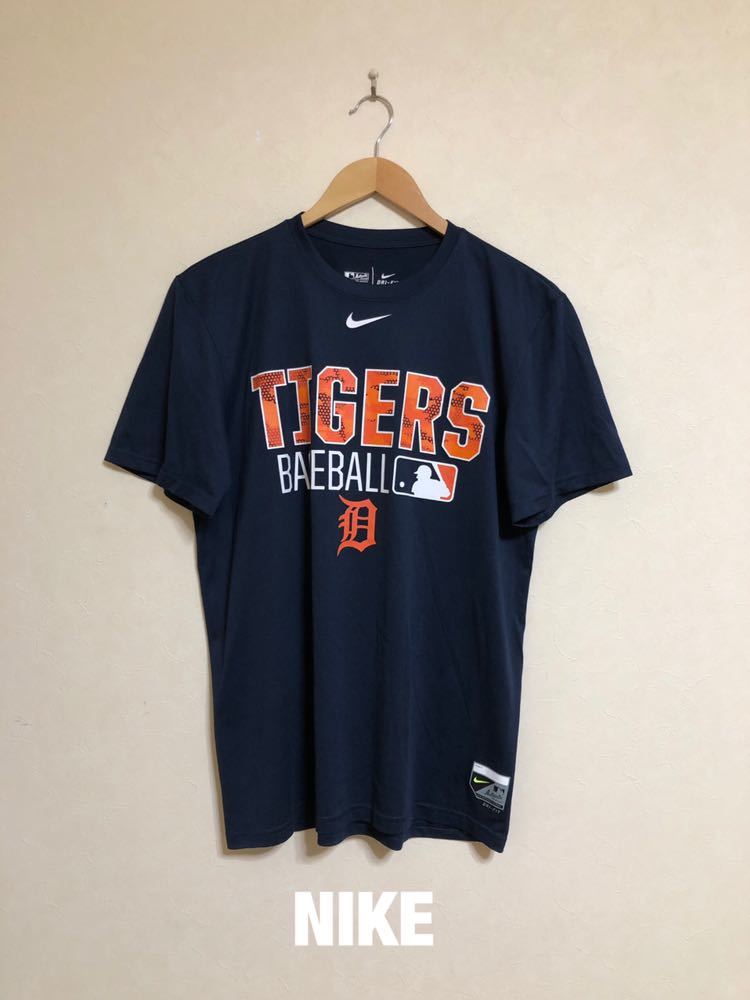 【美品】 NIKE MLB TIGERS ナイキ メジャーリーグ ベースボール デトロイト タイガース ドライTシャツ ウェア サイズM 半袖 紺_画像1