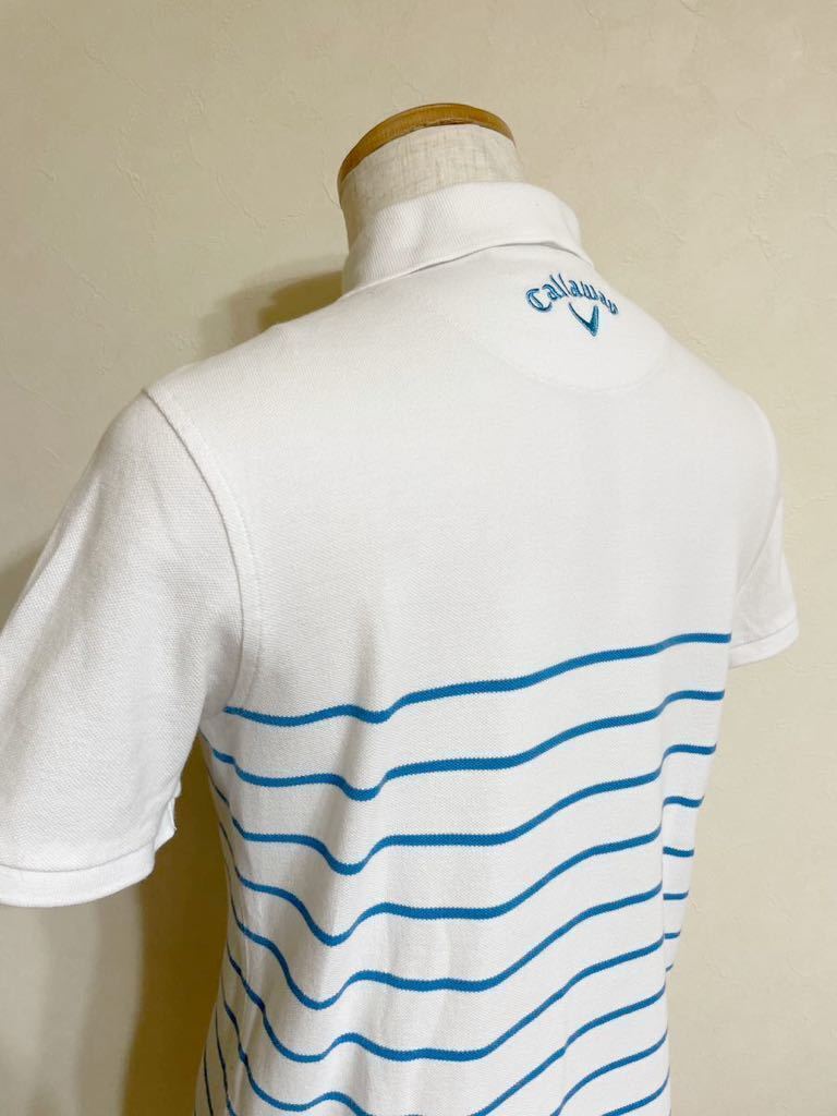 callaway golf キャロウェイ ゴルフ ウェア スリムフィット ボーダー 鹿の子 ポロシャツ トップス サイズM 半袖 白 ライトブルー_画像10