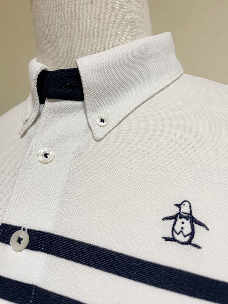 [ beautiful goods ] Munsingwear golf Munsingwear wear Golf button down dry polo-shirt tops size L long sleeve white navy border made in Japan 