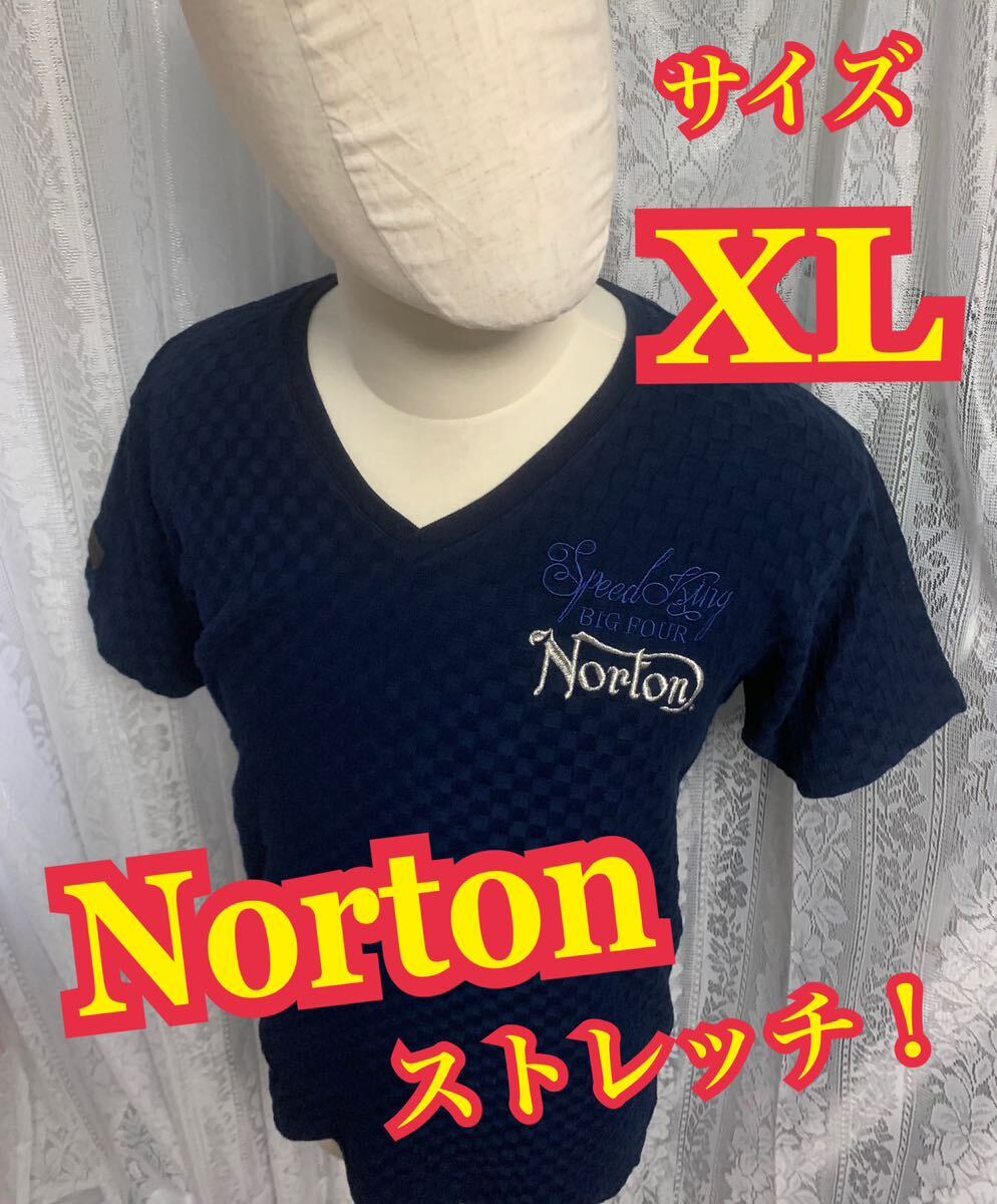 Norton ノートン　半袖　Tシャツ　ネイビー　刺繍ロゴ　ストレッチ　バイカー　XLサイズ